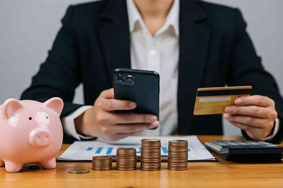 © Sultan - stock.adobe.com Mann mit Smartphone, Bankomatkarte, Sparschwein und Münzen